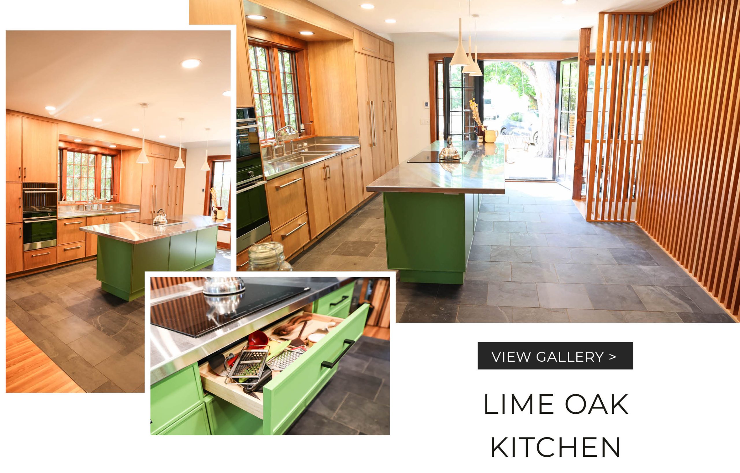 Lime green and oak kitchen cabinet install by Moscow Building Supply home design center.